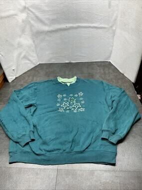 90s Decorated Originals Teal Sweatshirt with Floral Design Size Large 4486